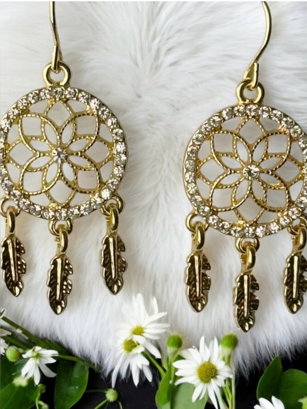 Gold Tone Rhinestone Dream Catcher With Feathers Lightweight Dangling Earrings